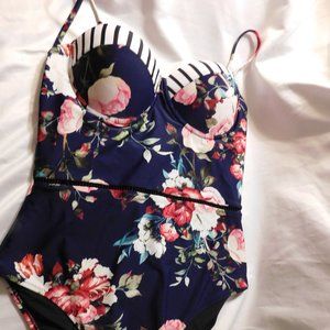 Cupshe Dark Blue Floral One Piece Bathing Suit Size Large NEW WITH TAGS